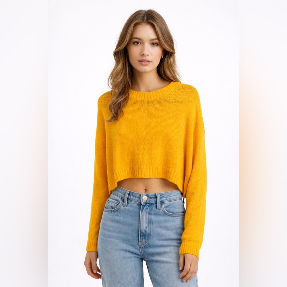 H&M Divided Yellow Cropped Knit Sweater | Lightweight Long Sleeve Pullover Top